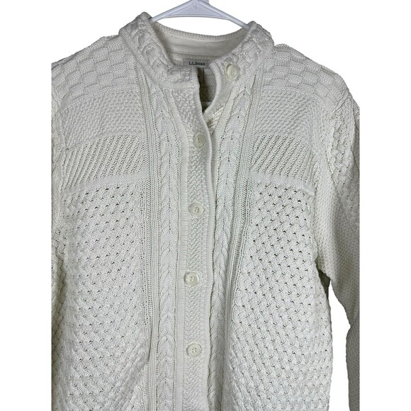L.L. Bean‎ Women’s 1X Cotton Fisherman Cable Knit Cardigan Sweater Ivory - Picture 4 of 14